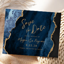 Carte d'annonce de mariage élégante en agate bleu