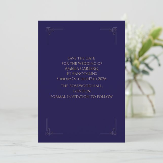 Carte d'annonce de mariage élégante Navy & Or (Debout devant)