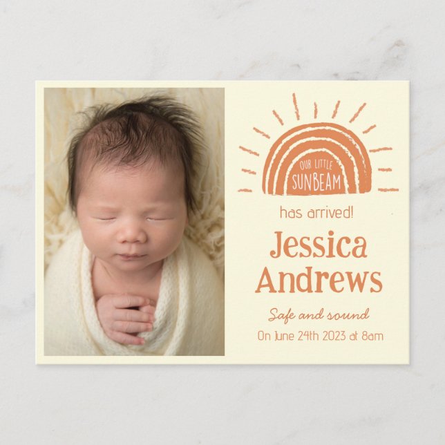 carte d'annonce de naissance boho ensoleillée avec (Devant)