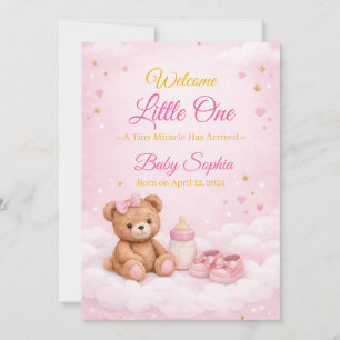 Carte d'annonce de naissance de bébé fille Ourson