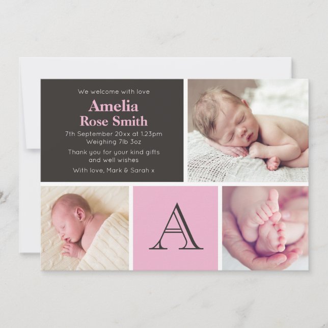 Carte d'annonce de naissance de bébé fille / remer (Devant)