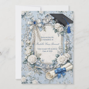 Carte d'annonce de remise de diplôme florale bleue