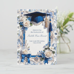Carte d'annonce de remise de diplôme florale bleue