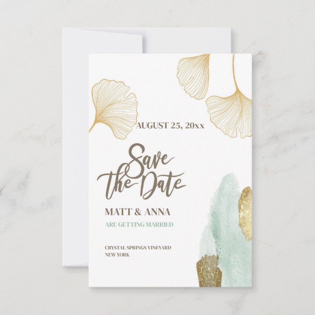 Carte d'annonce de Save the Date aux feuilles doré (Devant)