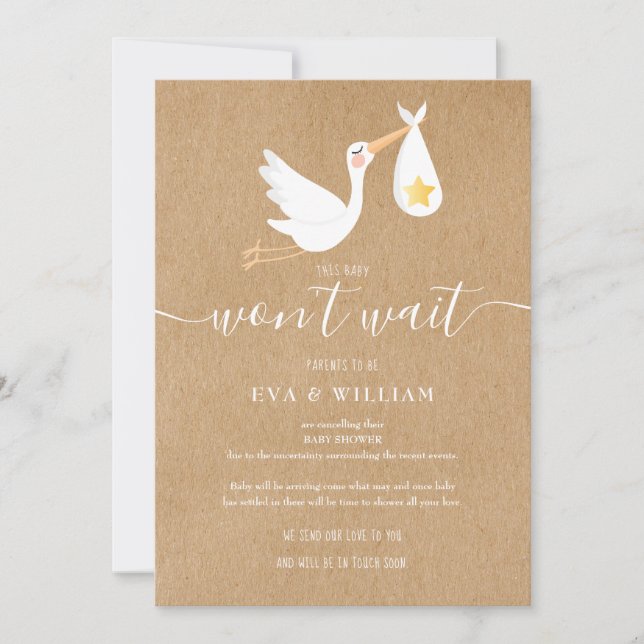 Carte d'annulation de baby shower rustique avec co (Devant)