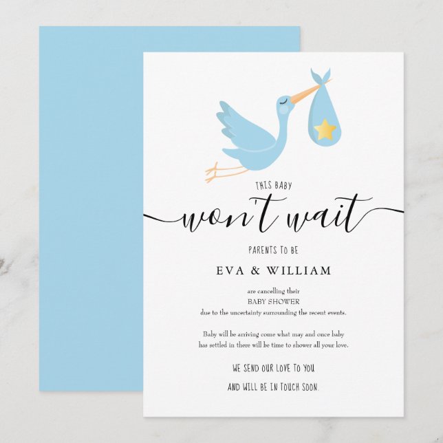 Carte d'annulation du Baby shower de la cigogne (Devant / Derrière)