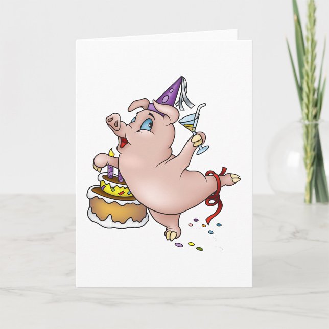 Carte Danse Anniversaire Cochon avec gâteau et cocktail (Créateur téléchargé)