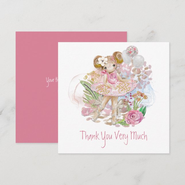 Carte Danseur de ballet Whimsical Floral Pink Gold Merci (Devant / Derrière)