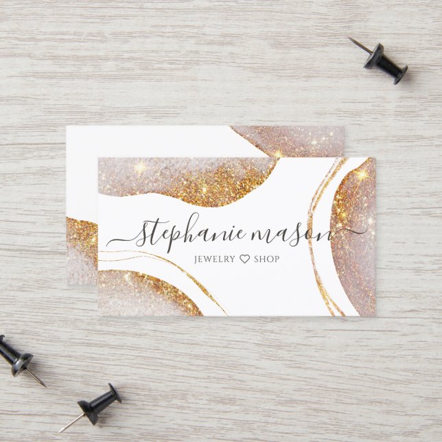 Carte D'appel Aquarelle Abstraite Parties scintillant or blanc (Devant/Arrière en situation)