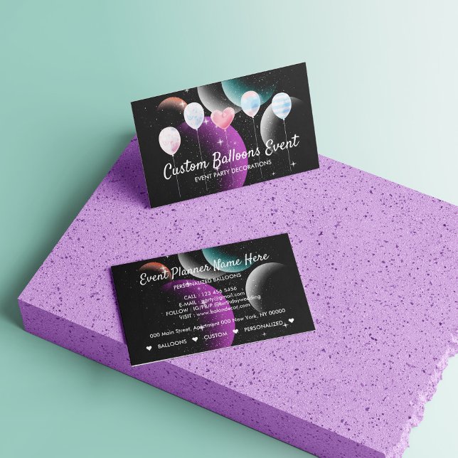 Carte D'appel Ballons de déco de la fête de l'événement noir bri (Black Bright Event Party Planner Decor Balloons Calling Card)