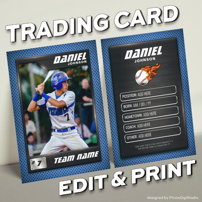 Carte D'appel Baseball Trading Card Blue Silver Baseball Player (Blue Baseball Trading Card, Custom Trading Card for Baseball Player and Teams)