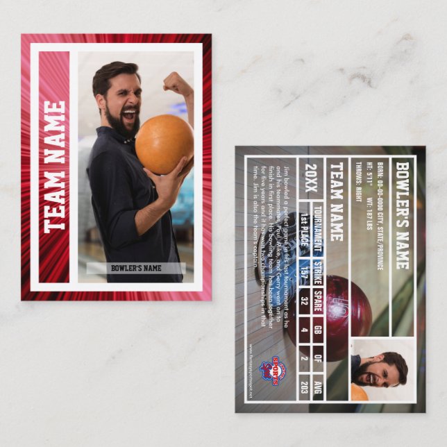 Carte D'appel Bowling Trading Card Tournoi Souvenir Rouge (Devant / Derrière)