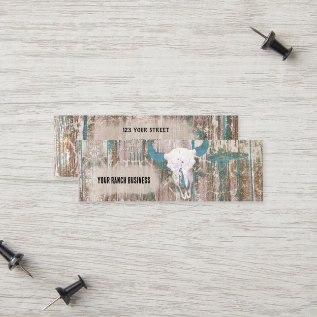 Carte D'appel Crâne Rustique Western Bull Texture Brown Turquois (Devant/Arrière en situation)