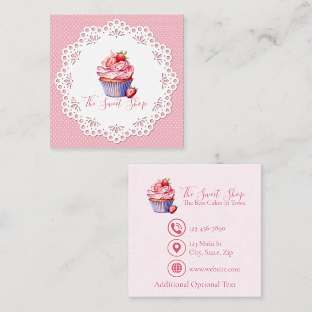 Carte D'appel Editable Pink Bakery Business Card | 2.5" Square (Devant / Derrière)