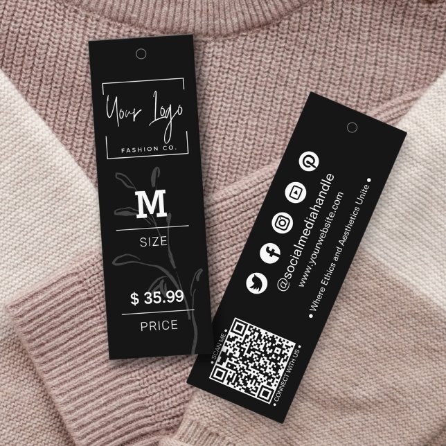 Carte D'appel Élégant noir et blanc social QR vêtements prix éti (Elegant Black & White Social QR Clothing Price Tag)