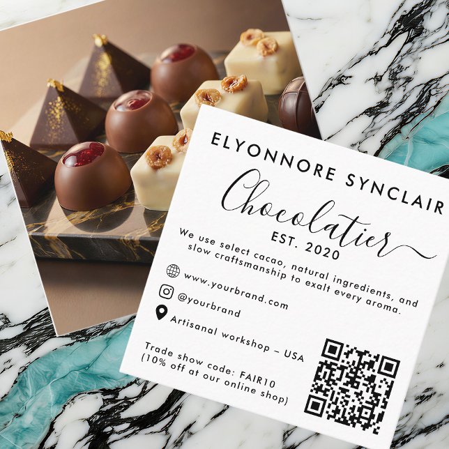 Carte D'appel Elegant Script Chocolatier Brand Photo QR Code (Créateur téléchargé)