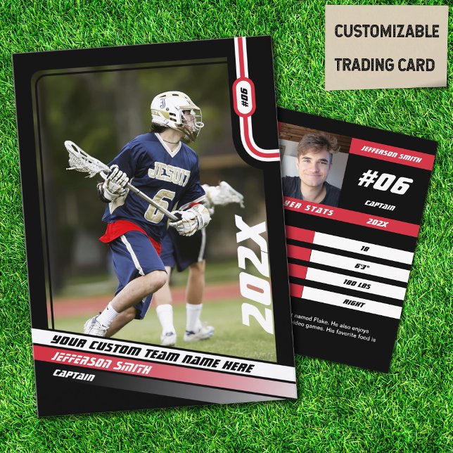 Carte D'appel Lacrosse Player Trading Card en rouge noir (Lacrosse Player Trading Card in Black with Custom Team Name and Red White Elements)