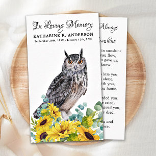 Carte D'appel Memorial Funeral Prayer Card Owl Sunflower Floral
