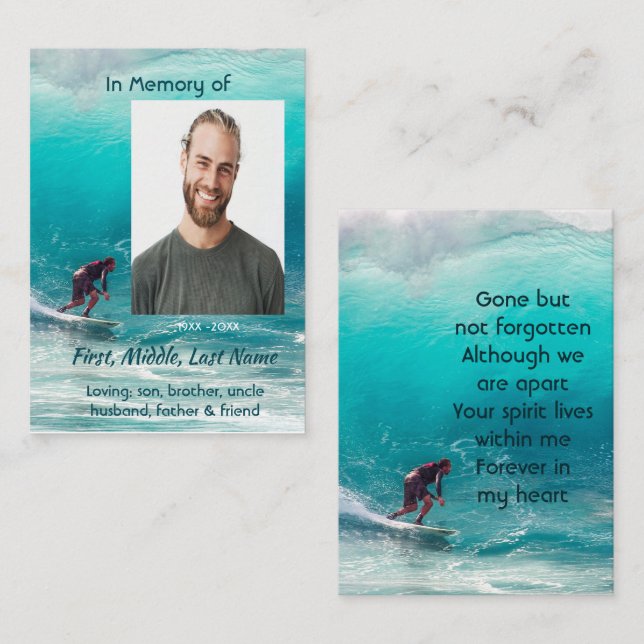 Carte D'appel Memorial  Service Wave Surfer Water (Devant / Derrière)