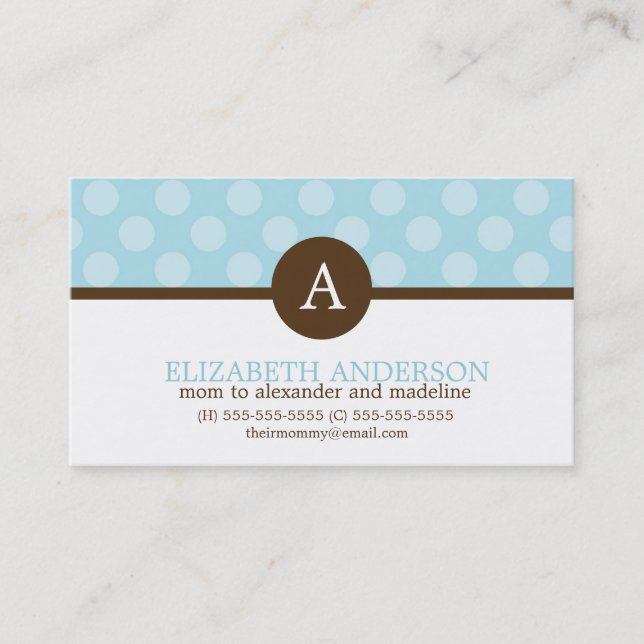Carte D'appel Monogramme Motif Pois Whimsical Bleu (Devant)
