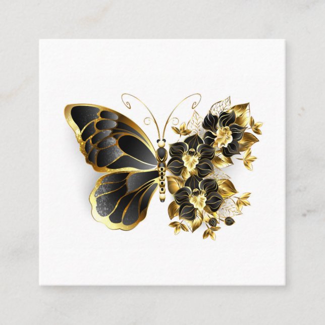 Carte D'appel Papillon à fleurs d'or avec orchidée noire (Devant)
