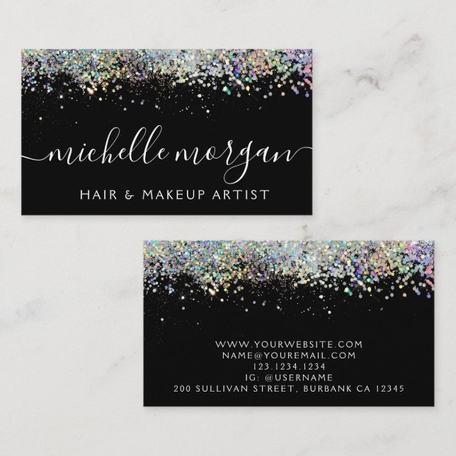 Carte D'appel Parties scintillant holographique noire cheveux et (Devant / Derrière)