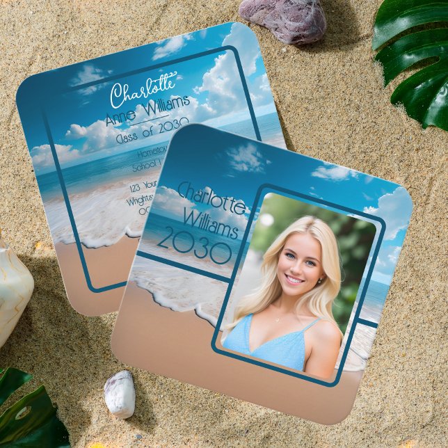Carte d'appel photo pour le thème de la plage uniq (Unique Beach-Theme Graduation Photo Calling Card | Insert Card)