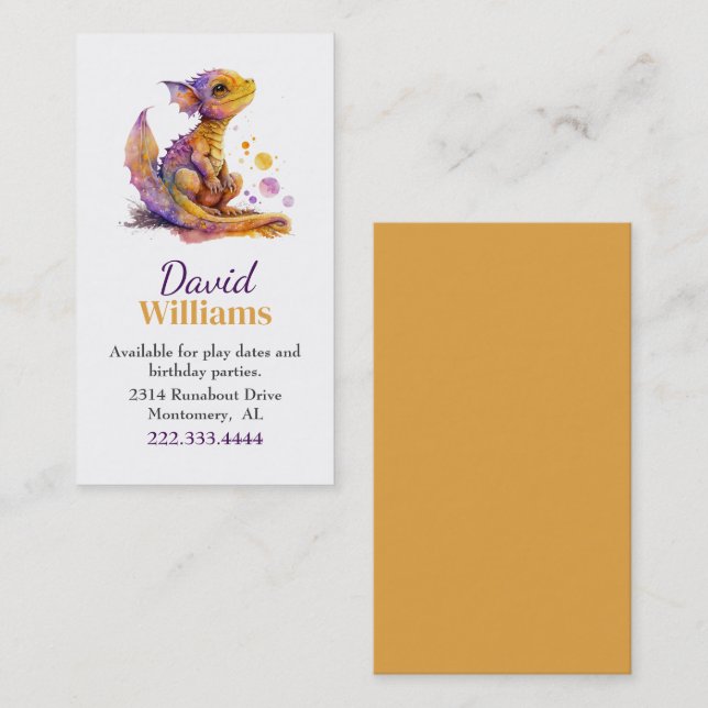 Carte d'appel pour enfants Dragon Bébé Jaune (Devant / Derrière)
