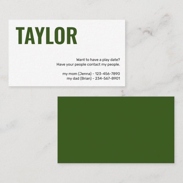 Carte d'appel pour enfants Jouer Date Playdates Fi (Devant / Derrière)