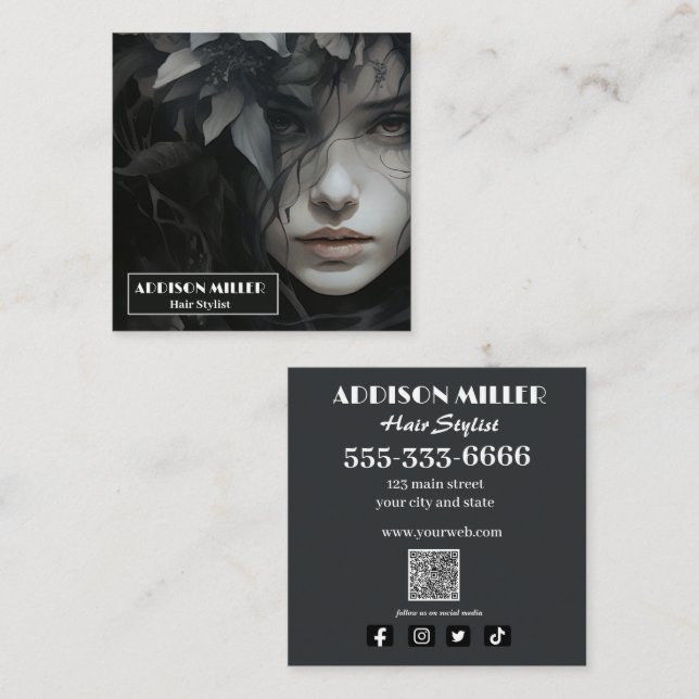 Carte D'appel professionnel, élégant, Floral Coiffeur code QR (Devant / Derrière)