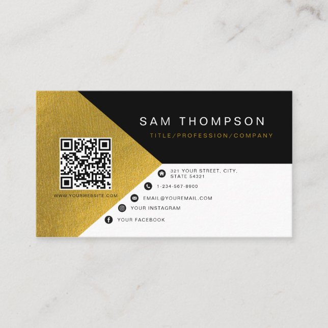 Carte D'appel Professionnel moderne Black Gold QR Code Entrepris (Devant)
