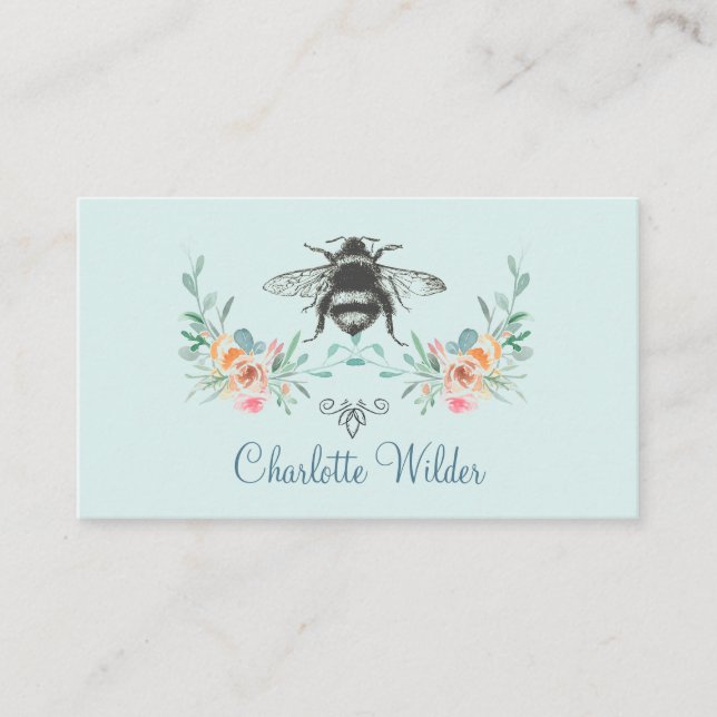 Carte D'appel Signature de script Personnalisé Bee Floral Bleu (Devant)