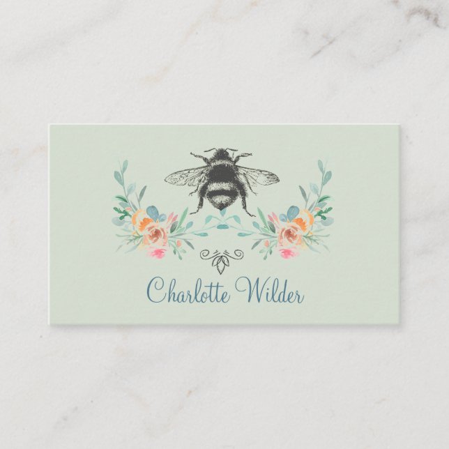 Carte D'appel Signature de script Personnalisé Bee Floral Vert (Devant)