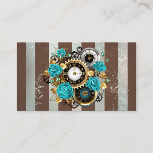 Carte D'appel Steampunk Clock and Turquoise Roses on Striped (Devant)