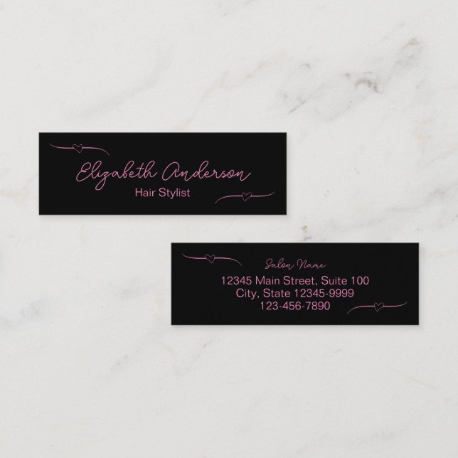Carte D'appel Stylo cheveux noir et rose manuscrit (Devant / Derrière)