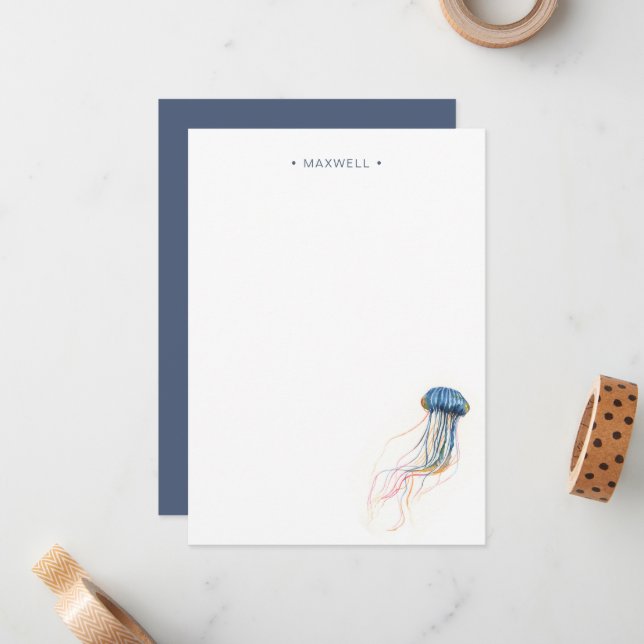 Carte d'Aquarelle Blue Jelly Poisson Papier à lett (Devant/Arrière en situation)