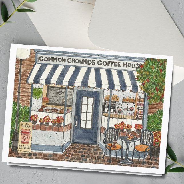 Carte d'aquarelle Cute Coffee House Storefront (Créateur téléchargé)