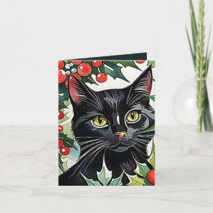 Carte d'aquarelle de Noël Meowy pour chat noir