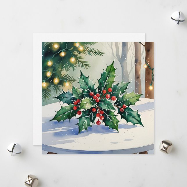 Carte d'aquarelle de Noël Mistletoe Happy Holidays (Devant/Arrière en situation)