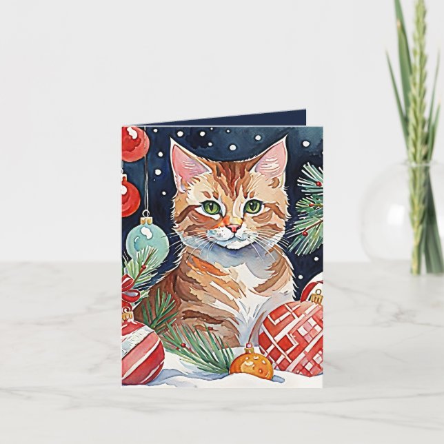 Carte d'aquarelle de Noël Orange Tabby Cat Meowy (Devant)