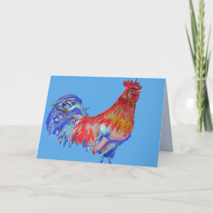Carte d'aquarelle d'oiseau de poulet rouge bleu