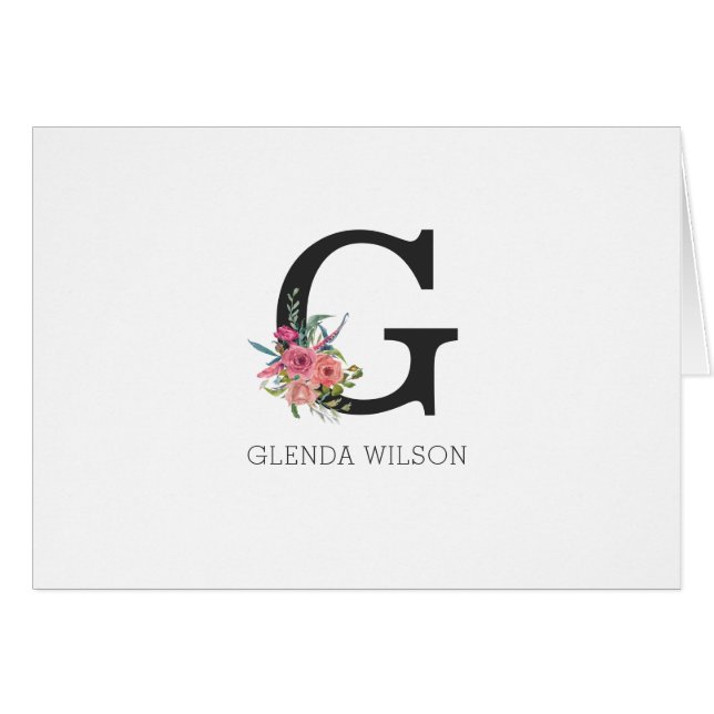 Carte d'Aquarelle Rose Floral Monogramme Note (Devant Horizontal)
