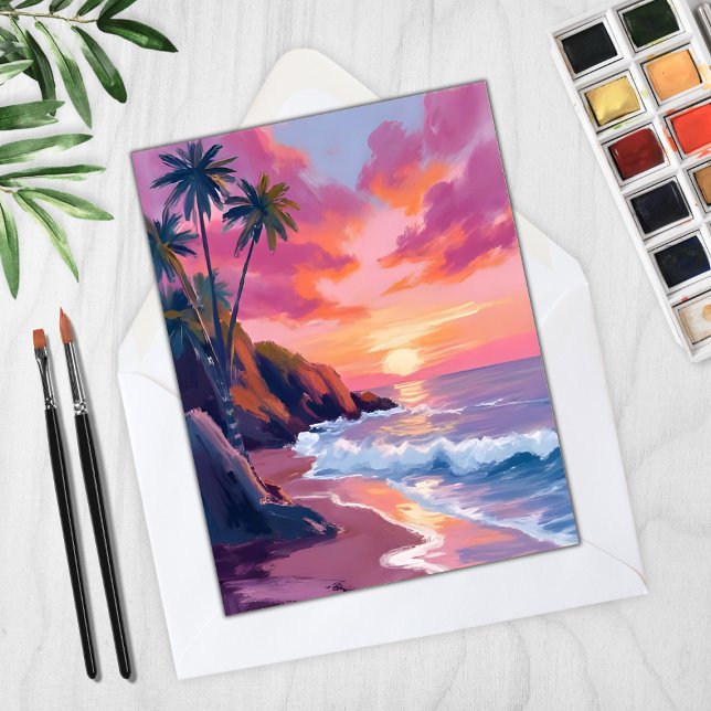 Carte d'aquarelle tropicale rose coucher de soleil (Créateur téléchargé)