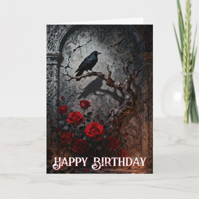 Carte Dark Gothic Raven and Roses Mural Birthday (Devant)