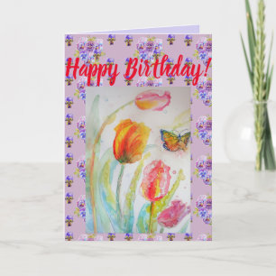 Carte d'art couleur Tulipe et Papillon Watercolor