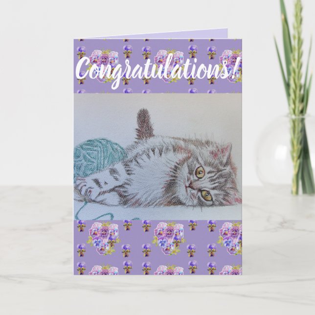 Carte d'art Cute Cat Flower Floral Congatatations (Devant)