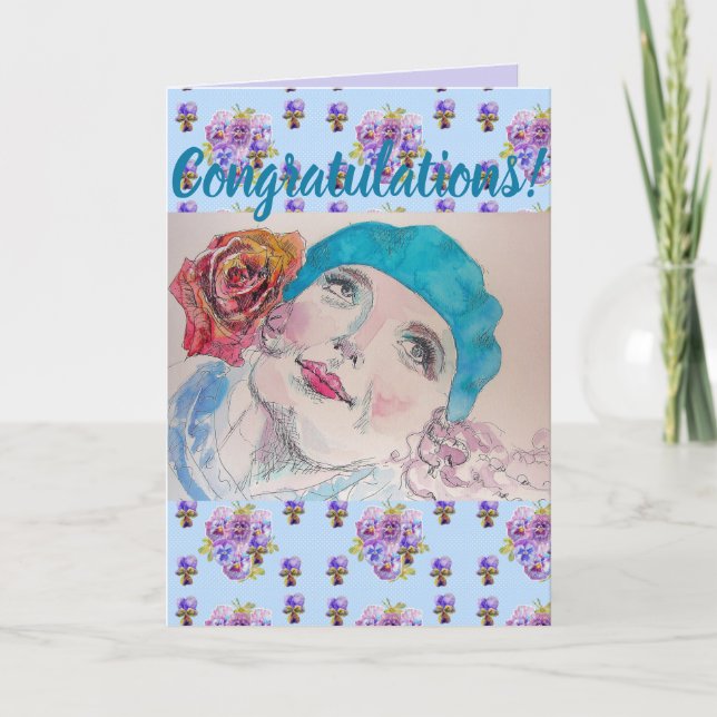 Carte d'art Femme Rose Floral Congatations (Devant)