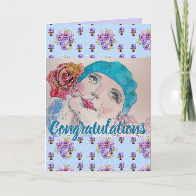 Carte d'art Femme Rose Floral Congatations (Devant)