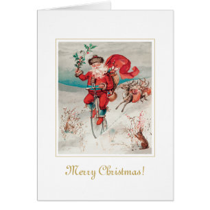 Carte d'art unique Vintage Père Noël sur vélo Chri