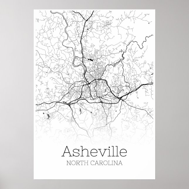 Carte d'Asheville - Caroline du Nord - Poster de c (Devant)